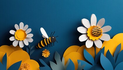Colorful paper art of flowers and a bee against a blue background.