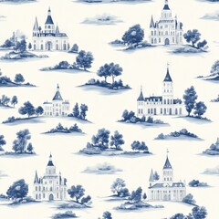 Obraz premium A decorative pattern featuring blue-and-white illustrations of castles and landscapes.