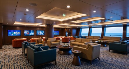 Multi purpose lounge area with interactive entertainment systems and comfortable seating background dynamic space fostering social interaction and relaxation among crew members