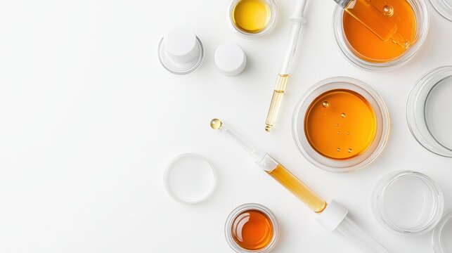 Flat lay of cosmetic ingredients in petri dishes with drops of liquid serum on a clean laboratory surface