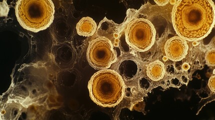 Ancient microbes under microscope reveal intricate cellular structures, showcasing their mysterious and ancient nature, ideal for scientific and educational content.