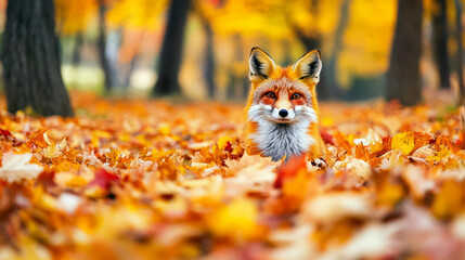 Fototapeta premium A majestic red fox amidst vibrant autumn foliage.