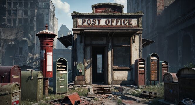 Old post office with weathered signage and abandoned mailboxes background remnants of communication now left to decay amidst the city ruins