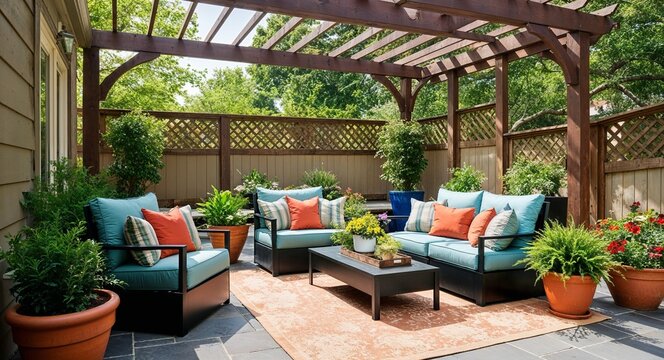 Patio adorned with potted plants and comfortable seating under a trellis background inviting outdoor living space perfect for entertaining and relaxation