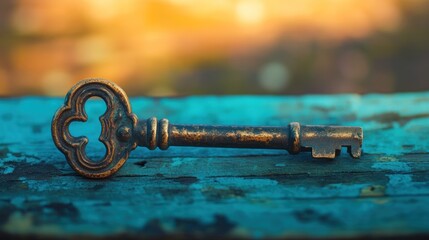 Vintage Key on Wooden Surface