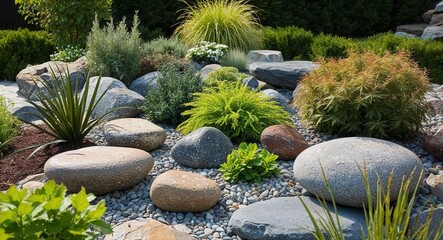 Rock garden featuring unique stones and hardy plants arranged artistically background harmonious blend of natural elements creating a calming landscape