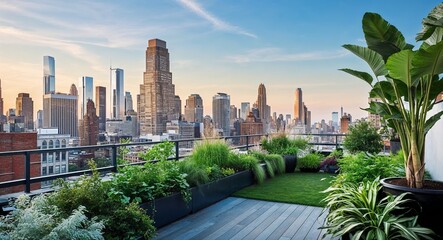 Fototapeta premium Rooftop garden with lush plants and city skyline view background urban oasis merging nature and city life in harmonious balance