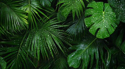 Obraz premium Lush Tropical Rainforest Leaves with Water Droplets