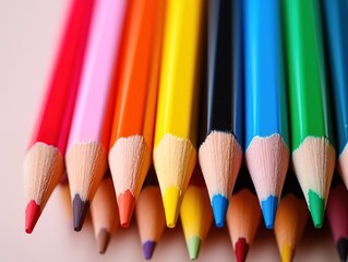 Fototapeta premium Colorful brand-name pencils with detailed tips, vibrant hues, and realistic textures on a pure white background, captured with a Canon EOS R5 camera and ultra-wide-angle lens.