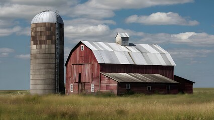 Red Barn and Silo Under a Cloudy Sky. Generative AI