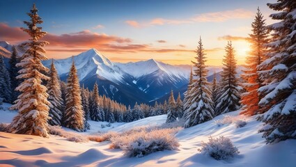 Fototapeta premium Snowy Mountain Landscape with Golden Hour Sun. Generative AI