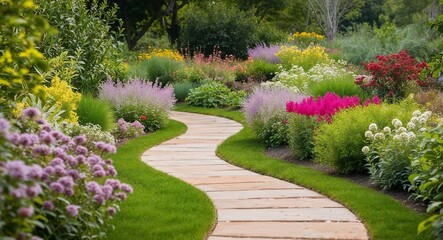 Winding garden path surrounded by fragrant blooms and greenery background enchanting trail guiding visitors through nature wonders