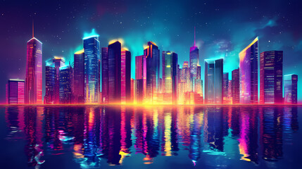 Vibrant neon cityscape with glowing skyscrapers reflecting on water surface, creating a futuristic and energetic urban environment. Futuristic Skyscraper. Illustration