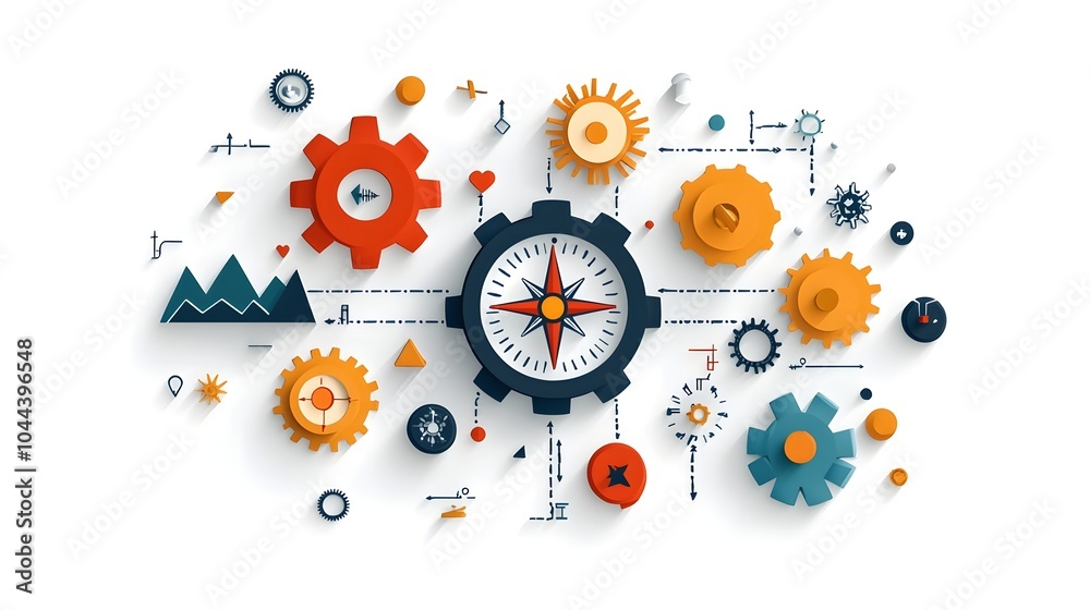 Poster navigating the path of detailed planning and guided execution with compass and gears a flat design d