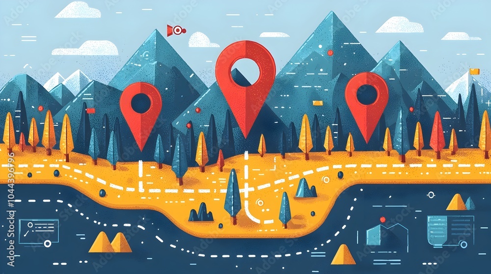 Poster dotted line path on minimalist map representing planned steps and guidance for strategic planning jo