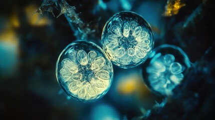 Ancient microbes under microscope reveal intricate cellular structures, showcasing their mysterious and ancient nature, ideal for scientific and educational content.