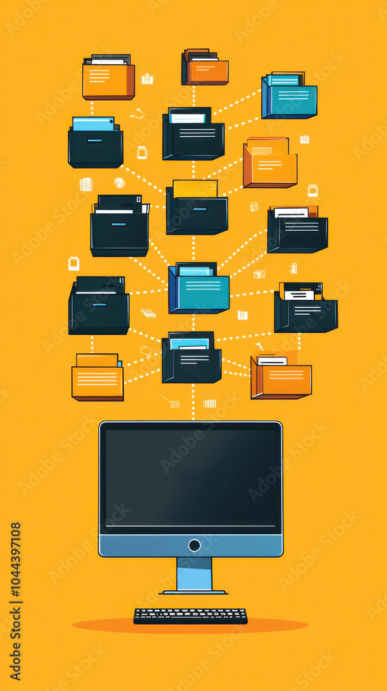Poster a computer monitor is shown with a large number of files and folders on the screen. concept of a bus