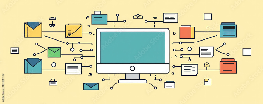 Poster a computer monitor with many icons and a lot of wires. the image is about technology and the idea is