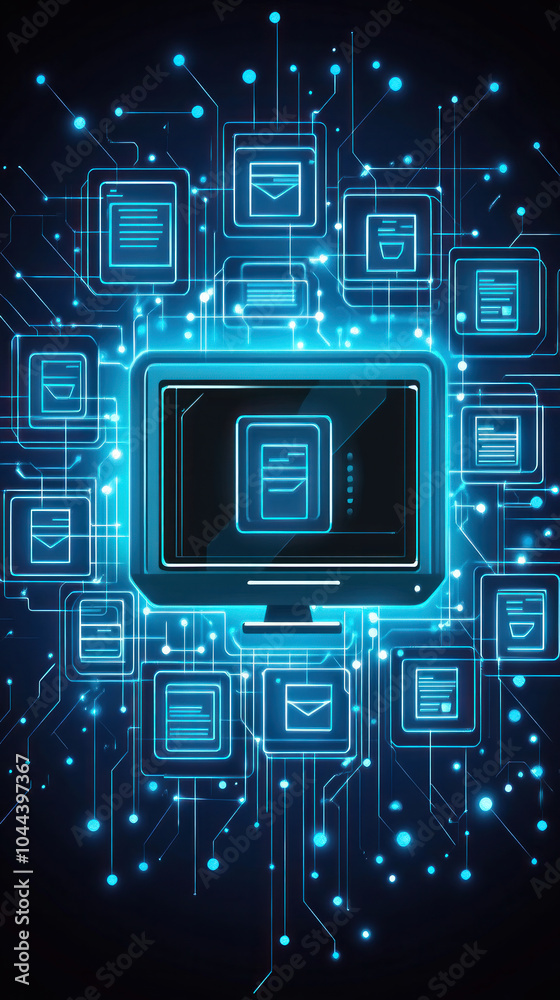 Poster a computer monitor with many icons on it. the icons are all different shapes and sizes. concept of a