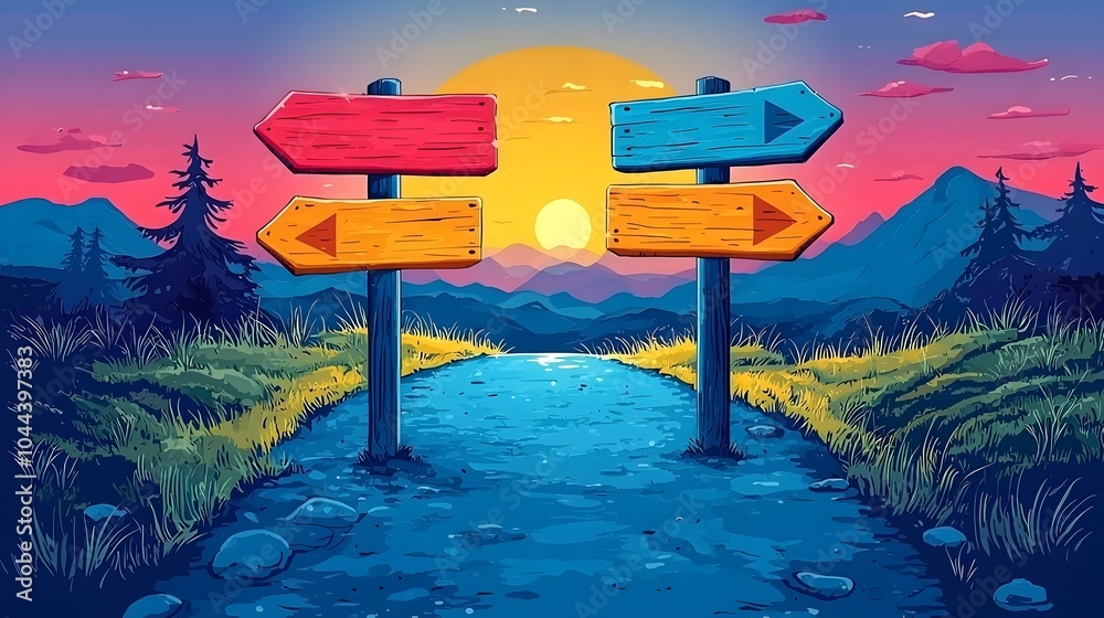 Poster flat design of a path with multiple signposts representing the concept of strategic planning guidanc