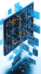 A computer monitor displays a complex web of blue and yellow squares. Concept of technology and complexity, with the squares representing various elements of a computer system