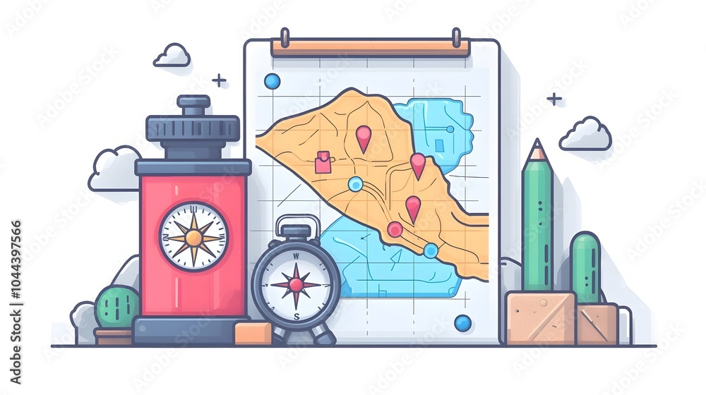 Poster flat design of a compass on a roadmap visualizing direction navigation and strategic planning for de