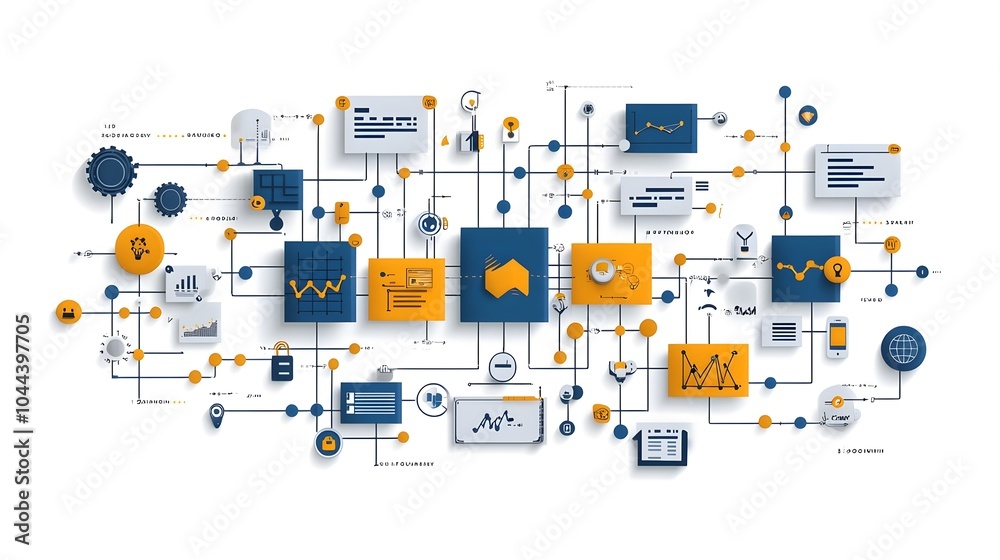 Poster flat design of a map transforming into a flowchart visualizing strategic frameworks and business pla