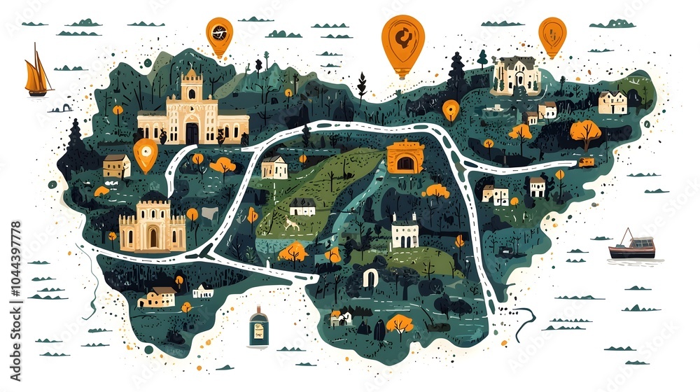 Poster detailed flat design of a map with highlighted routes providing clear guidance and planning for navi