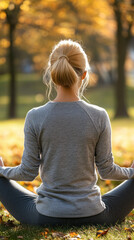 Obraz premium A woman is sitting in a park, wearing a gray sweater and gray pants. She is meditating and she is in a peaceful and calm state
