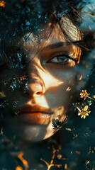 Close Up Portrait of a Woman with Green Eyes and Sunlight Through Leaves