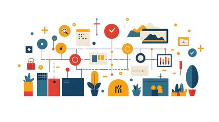 Framework Grid Transforming Into a Roadmap for Aligning Business Strategy and Organizational Structure  Flat Design of a Minimalist Modern Diagram Isolating on White Background