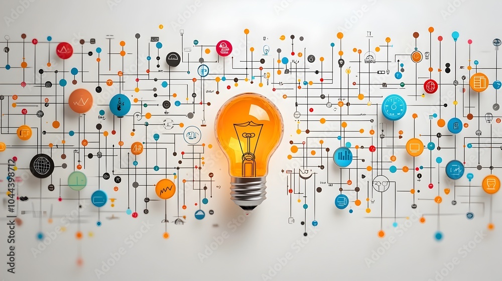 Poster lightbulb turning into a roadmap idea evolving into a strategic framework flat design on clean white