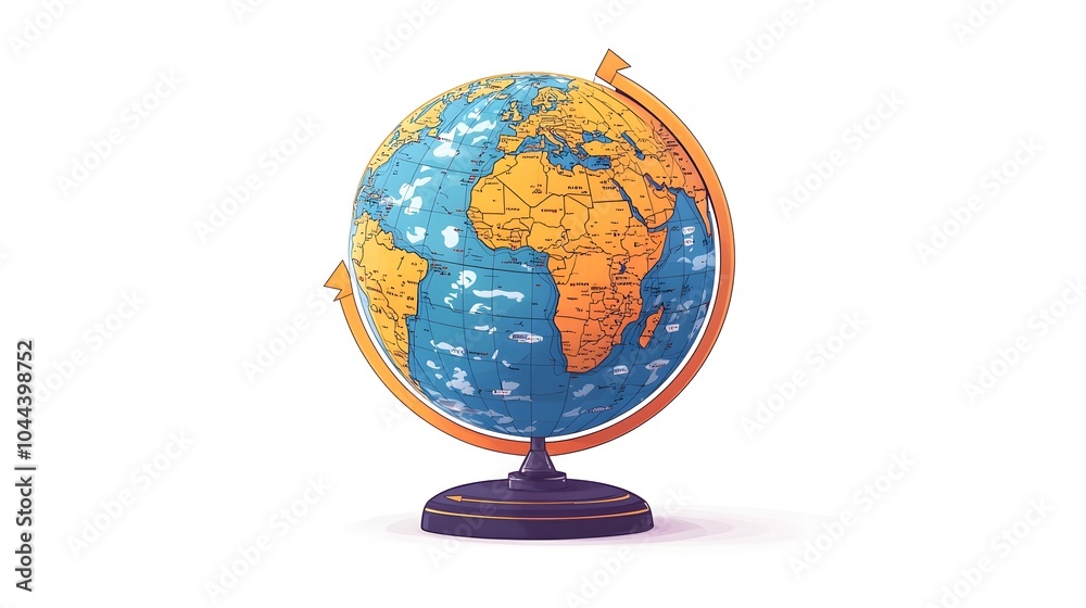 Poster conceptual of a globe with road paths and directional arrows visualizing the concept of global plann