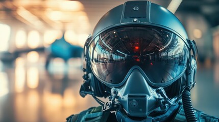 Fototapeta premium A close-up of a pilot wearing a helmet and visor in an aviation environment.