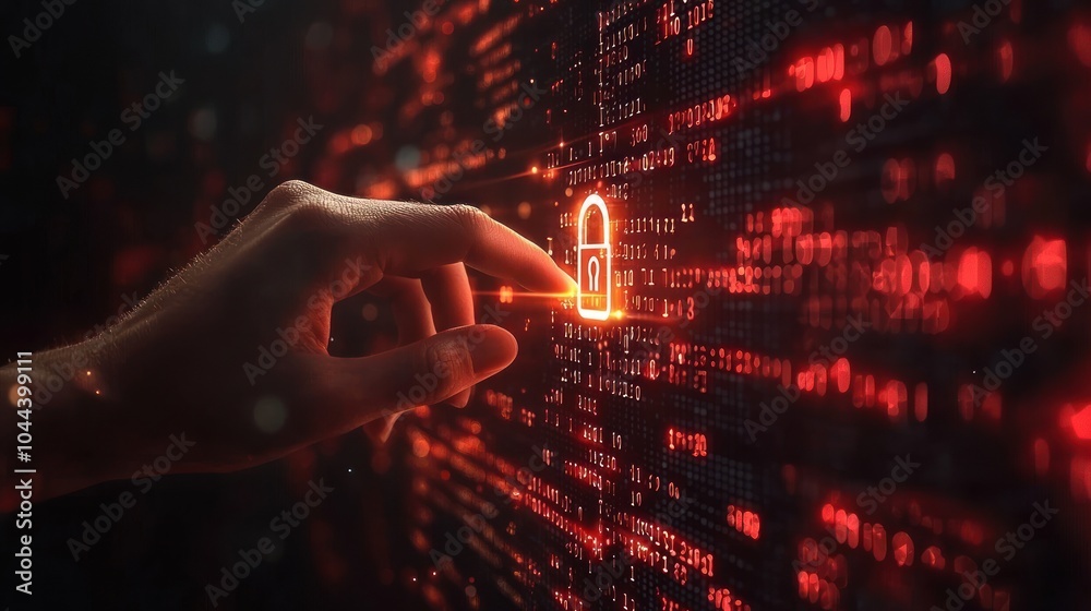 Aufkleber Hand Interacting with a Digital Lock Symbol on a Red Binary Code Background