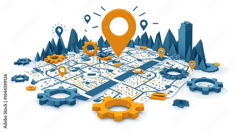 Poster gears turning into a roadmap mechanics of strategy and planning concept flat design image depicting 