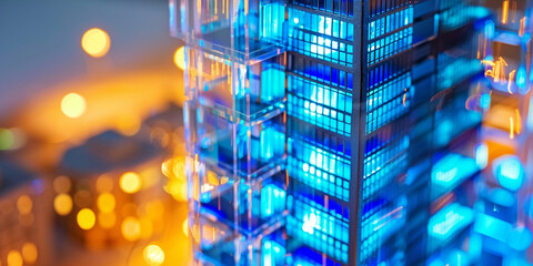 a model of a building with blue lights, Futuristic Building Model with Blue Lights, 