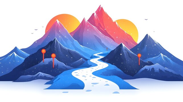 Flat design of a mountain path with guideposts or signposts symbolizing a clear plan and guidance for a journey or expedition  The minimalist clean white background highlights the scenic