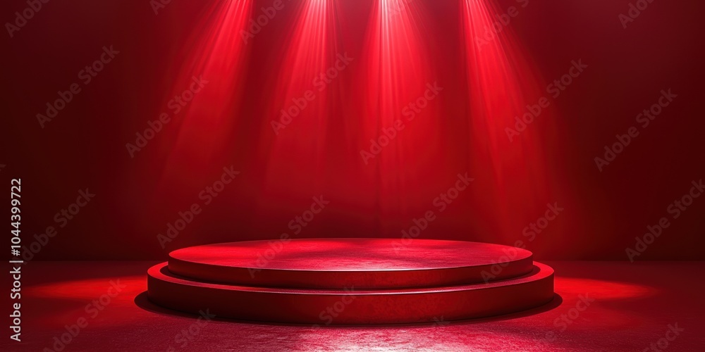 Poster red circular platform with spotlights in a red room