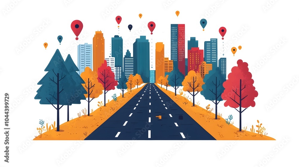 Poster flat design of road markers showing the progress and step by step planning on a map visualized on a 
