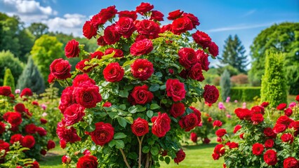 Red rose bush in summer garden