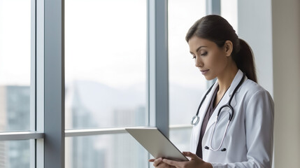 A female doctor holding an iPad, standing in front of the window with city view.