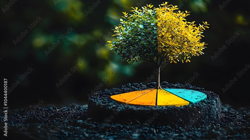 Poster expanding pie chart growing into a stylized tree shape representing data interpretation and business