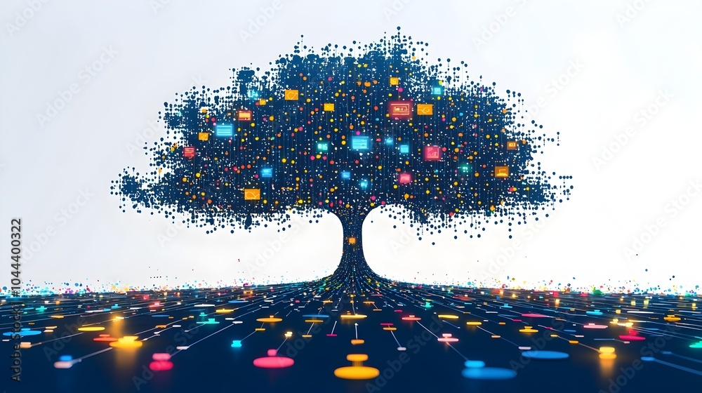 Poster digital network expanding into a tree of knowledge growth fueled by data driven insights and analyti