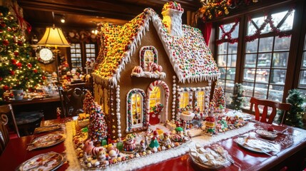 A festive gingerbread house decorated with colorful icing and candy, set on a holiday-themed table.