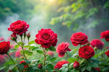 Fototapeta premium red roses in bloom against misty green background with depth of field