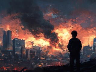 A Lonely Silhouette Amidst the Burning City