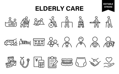 シンプルな線画の介護のベクターアイコンセット。