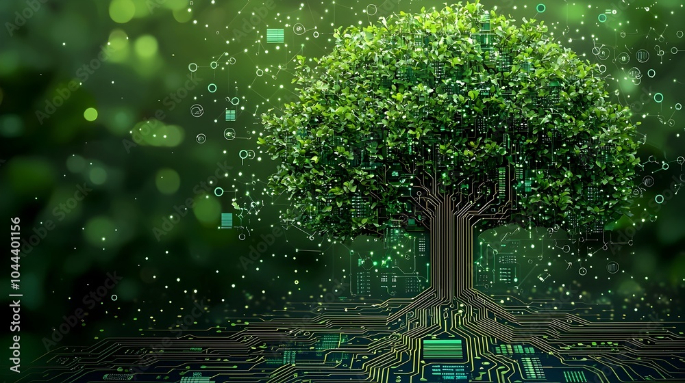Poster circuit board expanding into a tree data driven growth flat design isolated on white background conc