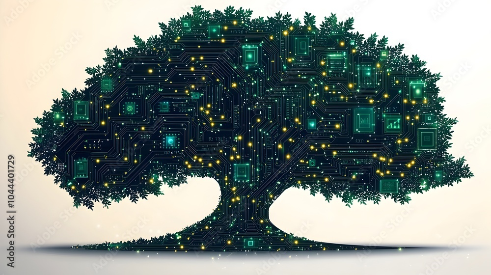 Poster digital tree expanding from computer chips representing growth and innovation in the digital realm p